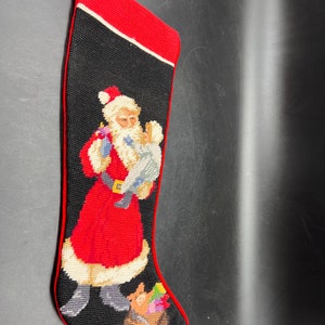 Peking Handicraft Vtg Wool Santa and Child Needlepoint Stocking Black Velvet Backer image 2