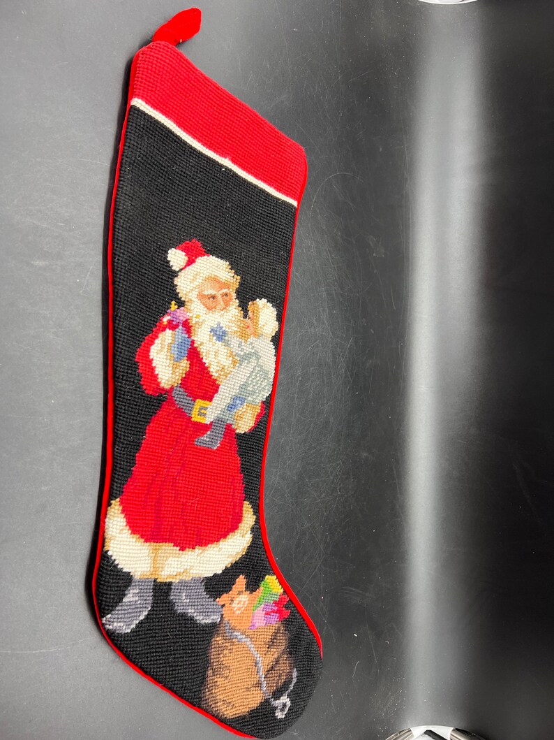 Peking Handicraft Vtg Wool Santa and Child Needlepoint Stocking Black Velvet Backer image 2