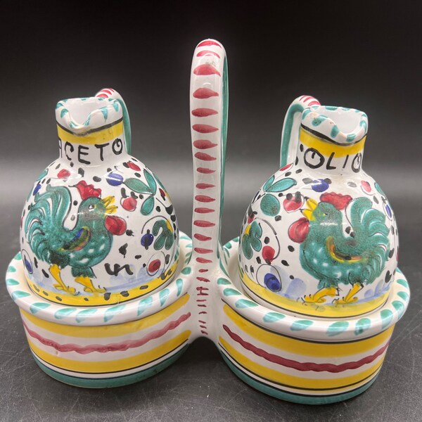 Deruta Siena Italy Terra Cotta Italian Oil and Vinegar Cruet Set with Caddy Hand Painted Green Roosters Hens Chickens