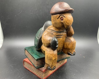 Wood Turtle Figure ‘ The Thinker ’ Large Carved and Painted From Thailand Books Tortoise Vintage