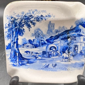 L & Sons Hanley English Ware Ashtray Blue and White Transferware Country Scene Trinket Dish Stoke on Trent England Antique image 1