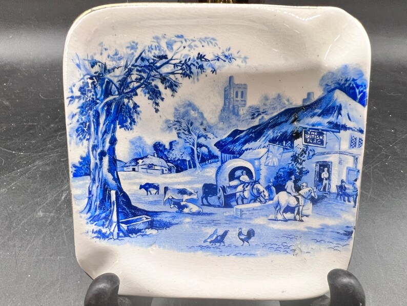 L & Sons Hanley English Ware Ashtray Blue and White Transferware Country Scene Trinket Dish Stoke on Trent England Antique image 1