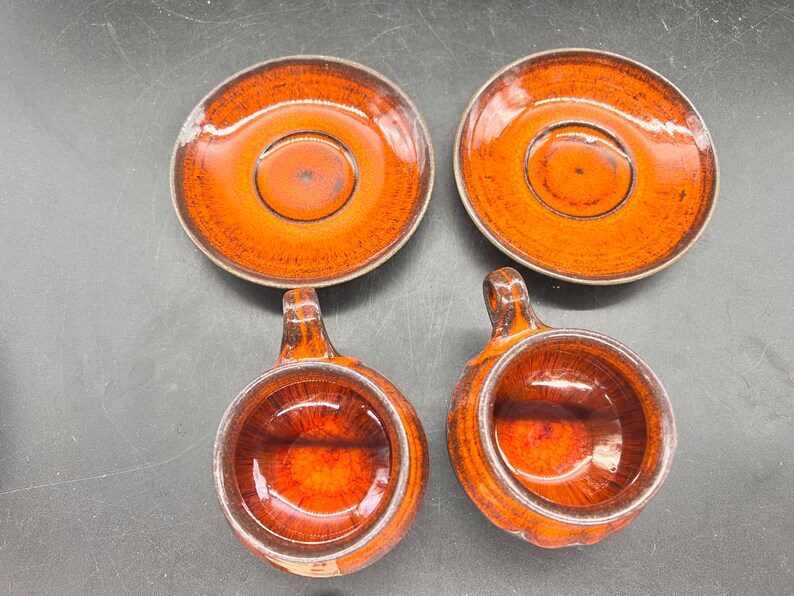 MCM Ditlev Denmark Set of 2 Cup and Saucer Danish Modern Mid Century Pottery Flame Red-Orange Drip Glaze Vintage Stoneware FREE SHIPPING image 5