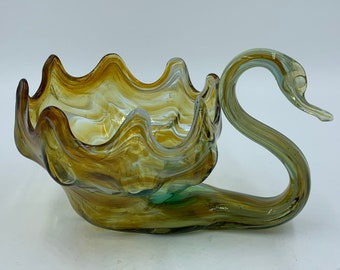 Sooner Glass Swan Bowl Amber Brown Earth Tones Autumn Fall Blown Glass Art Glass FREE SHIPPING