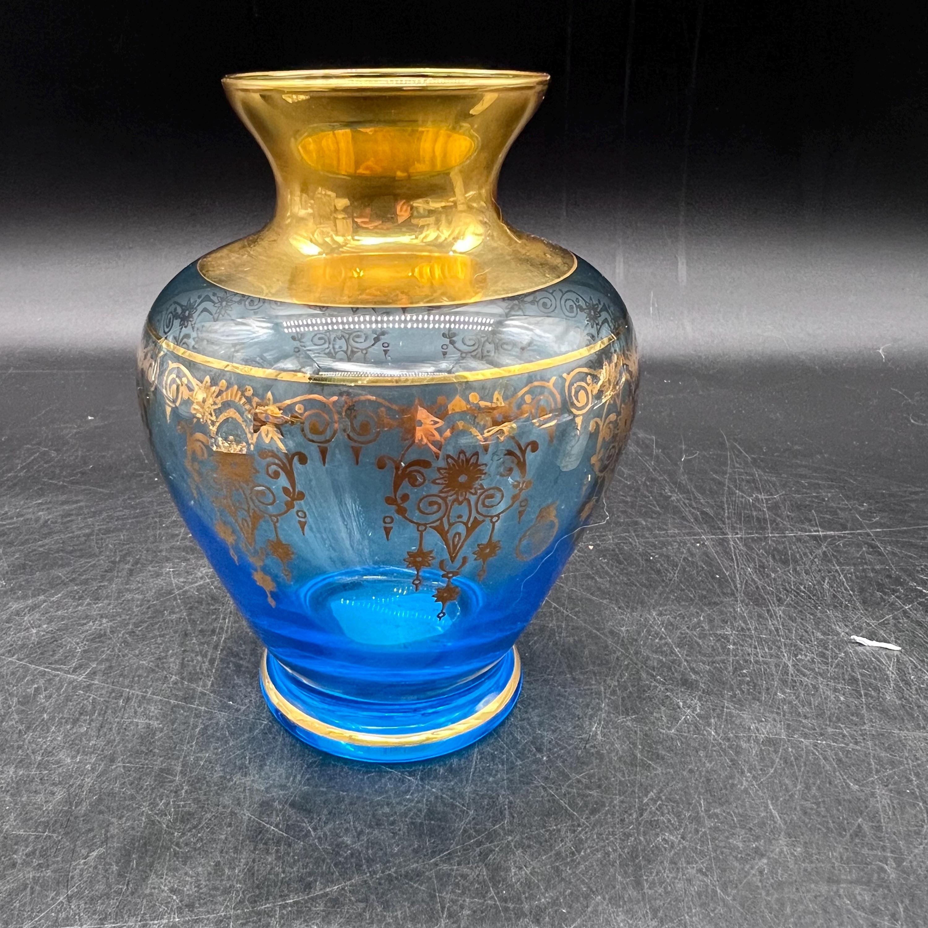Azure Blue Art Glass Vase, 22K Gold Venetian Murano, 5.25
