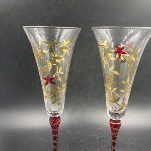 Champagne Flutes Hand-painted Golden Leaves Burgundy Red Flowers Toasting Wedding Reception Bride Groom image 2