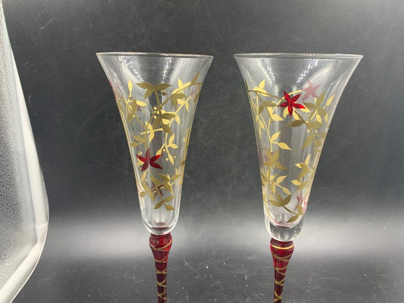 Champagne Flutes Hand-painted Golden Leaves Burgundy Red Flowers Toasting Wedding Reception Bride Groom image 2