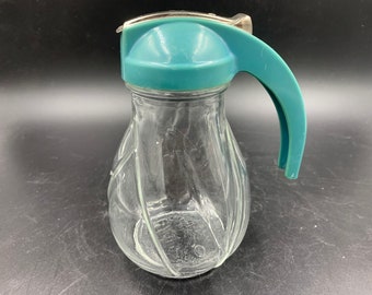 Diner Ware 1950s - 1960s Syrup Pitcher Teal Plastic Top Glass Base Vintage