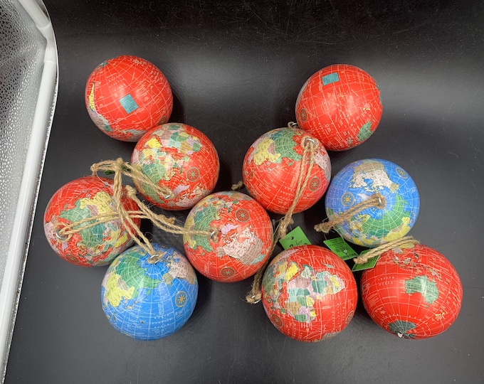 10 Piece Set of Papier Mache World Globe Christmas Tree Ornaments, 8