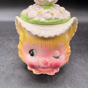enesco winking kitty sugar bowl jam jar anthropomorphic vintage 1950s miss priss FREE SHIPPING