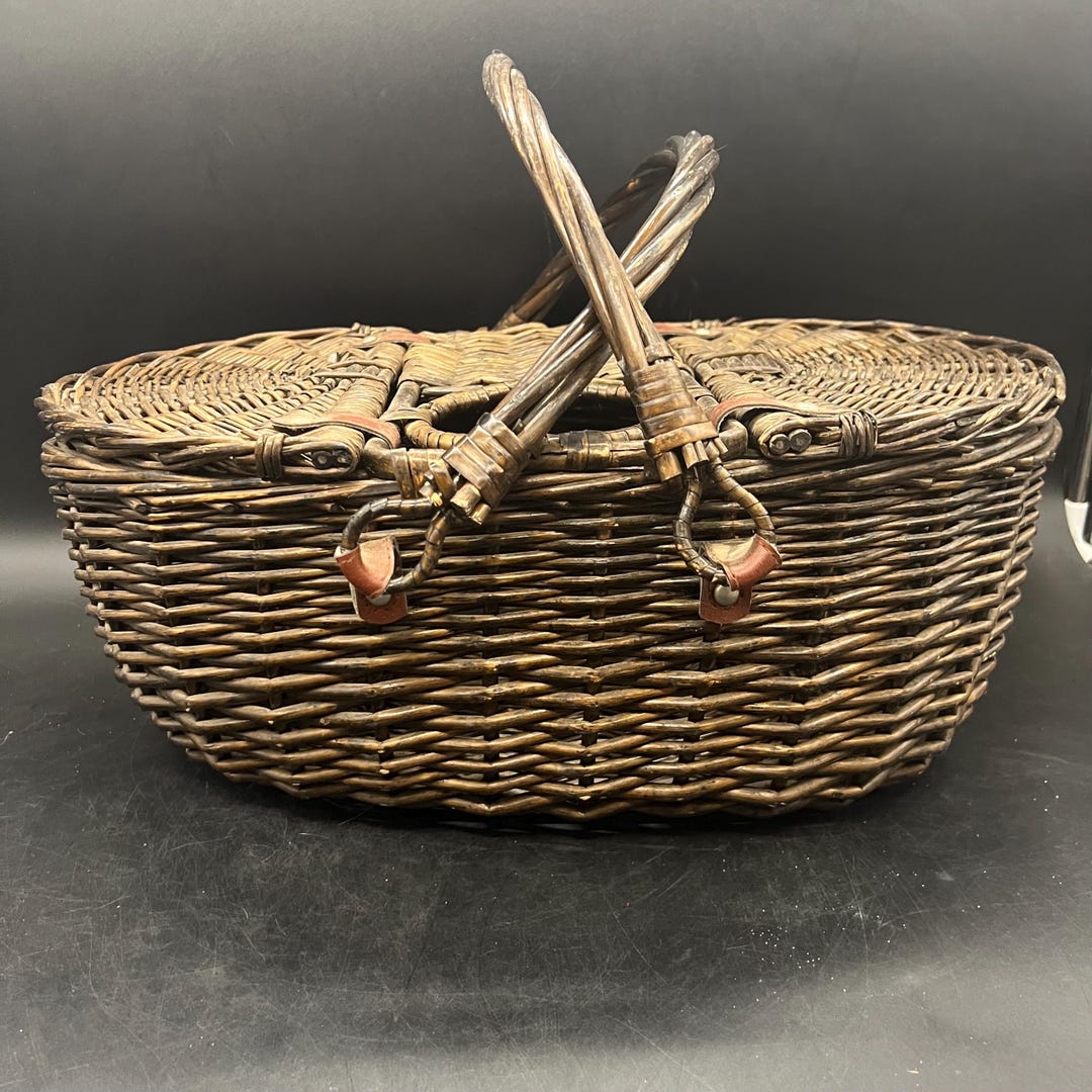 Vintage Dark Brown Wicker and Leather Handwoven Picnic Basket Wine ...