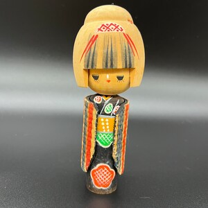 Creative Kokeshi Doll By Sogen 2 With Woven Mino Wrap 6.5” Tall Striped Signed FREE SHIPPING