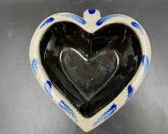 Rowe Pottery Works Salt Glazed Heart Shaped Baker Small Deep Cake Pan Mold Vintage 1995