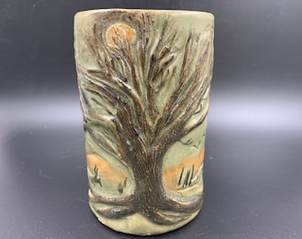 Tree of Life Pottery Vase Artist Signed Khaki Green Browns