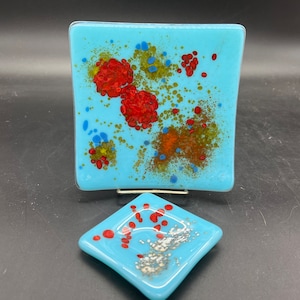 Fused Glass Sushi Set Sushi Snack Trinket Dish Turquoise Multi Color 2 Piece FREE SHIPPING