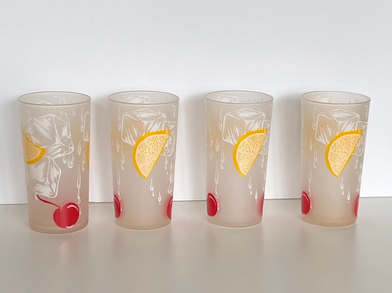 Federal Glass Frosted Glasses Highball Tumblers High Ball Hi Ball Cherry Lemon Ice Cubes Collins 4 Piece Set image 1