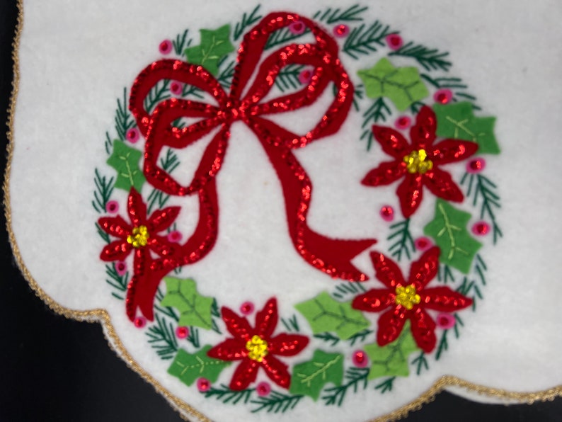 Embroidered Sequined Christmas Table Runner Dresser Scarf Vintage Candles 42 Fleece Felt image 7
