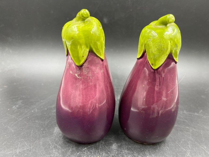 Eggplant Salt and Pepper Shakers Ceramic 5 Tall Vintage image 2