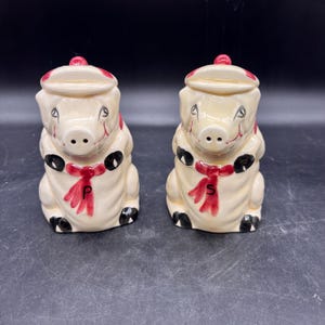 Anthropomorphic Pigs Salt and Pepper Shakers Range Size Hand Painted 1940s FREE SHIPPING
