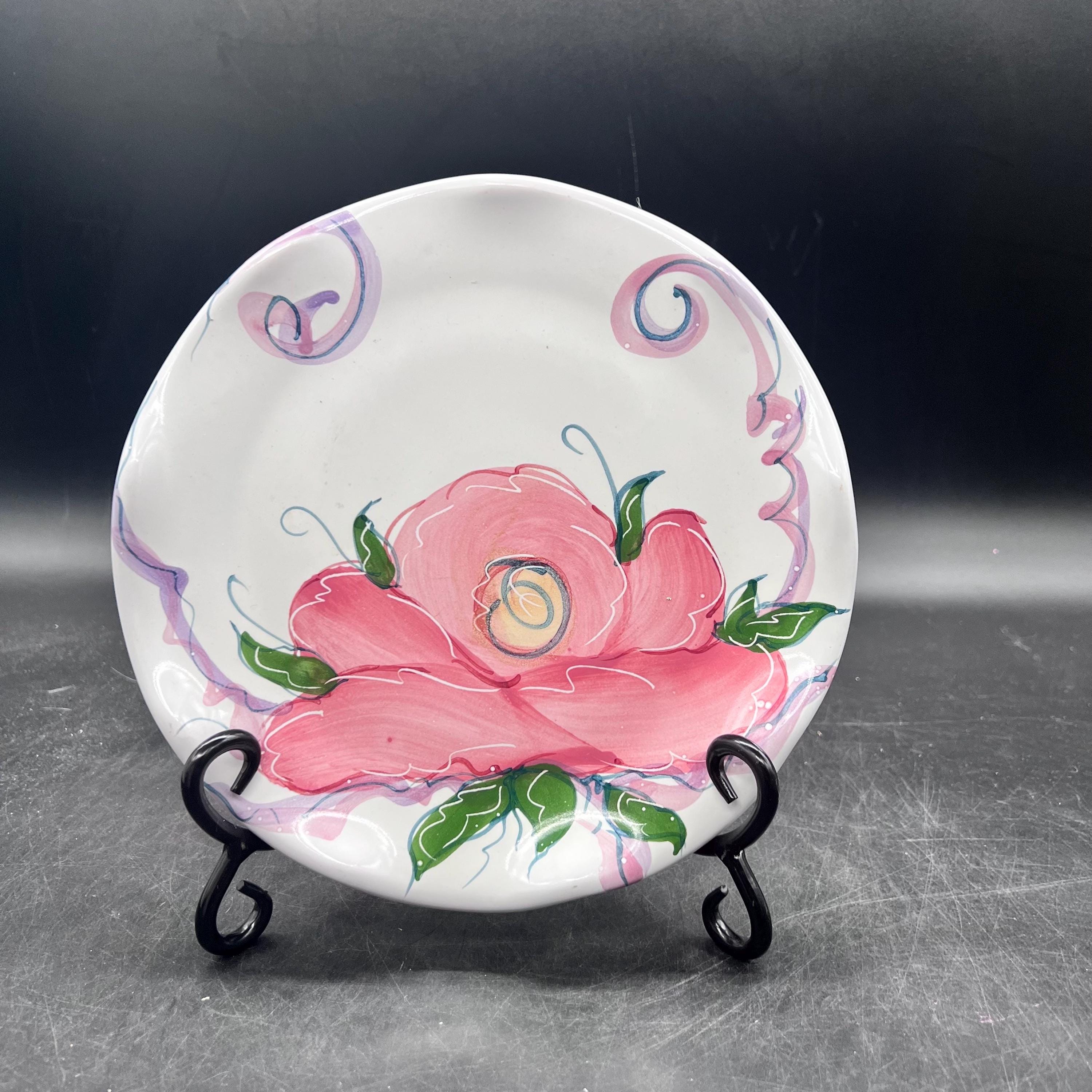 Jan Pugh Packer Creek Pottery Plate, Pink Floral Redware Display