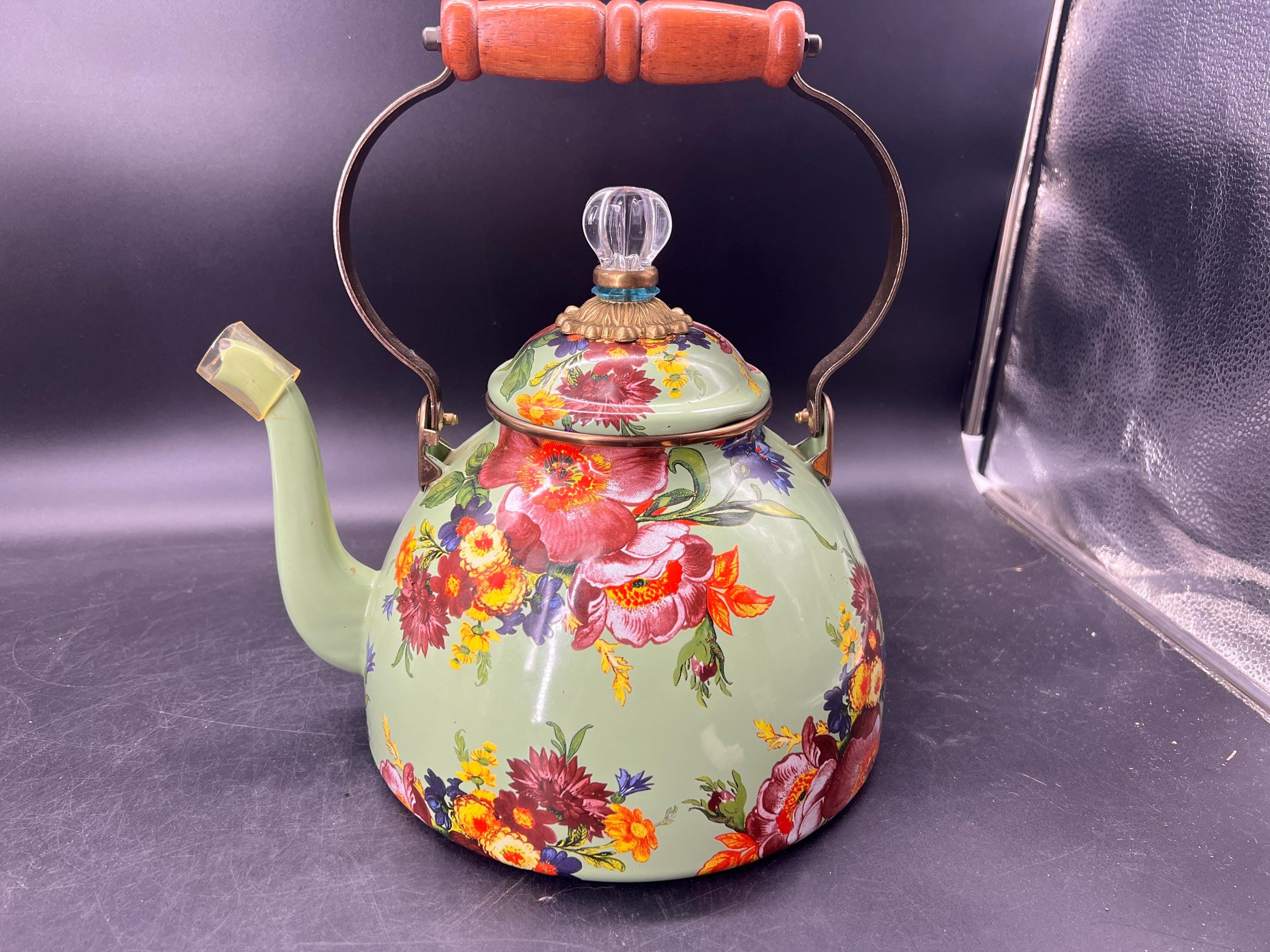 Mackenzie Childs Green Flower Market Large 3 Qt Tea Kettle