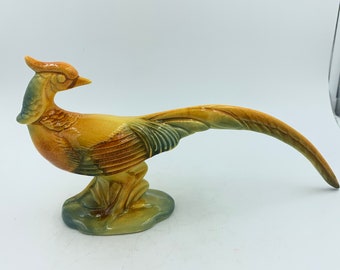 Cemar California Pottery Long Tailed Pheasant Figurine #599 Golden Yellow Green 1940s - 1950s Mid Century