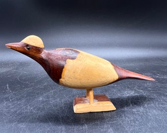 Hand Carved Vintage Folk Art Wood Standing Bird Two-Tone Wood Base Dated 1999