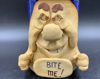 Ugly Face Mug ‘ Bite Me ‘ 3D Head and Hands Pottery Stoneware Signed Platt