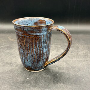 Textured Embossed Tall Studio Pottery Mug Blue and Brown