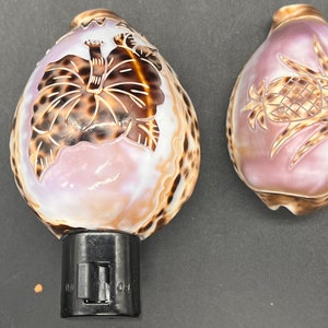 May include: Two carved seashells, one with a hibiscus flower design and the other with a pineapple design. The hibiscus shell is a nightlight with an on/off switch.