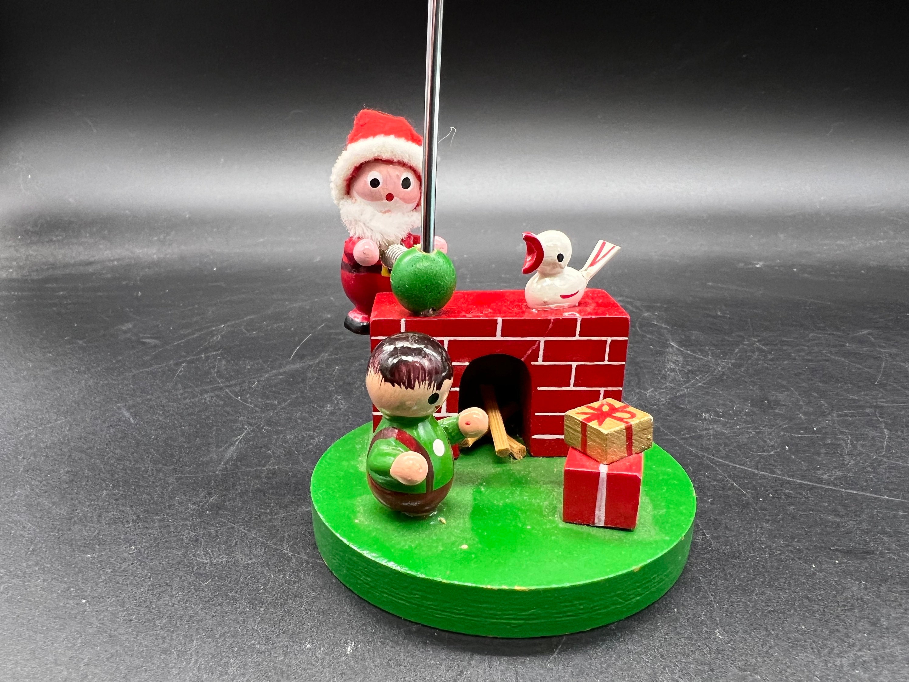 Vintage Wood Santa on Spring Bouncing Down Pole to Fireplace