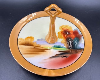 Vintage Chikaramachi Lusterware Serving Tray, Peach Porcelain Lake Scene