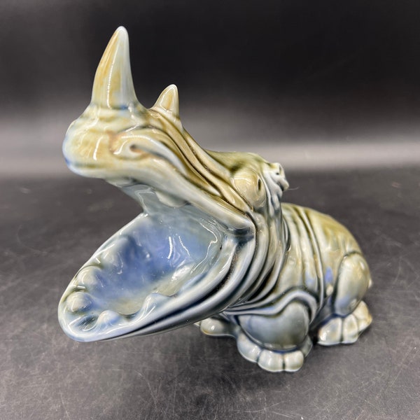 Wade Irish Porcelain Figural Rhinoceros Ashtray Candy Dish Figurine Majolica Armagh 9" Blue Green Rhino