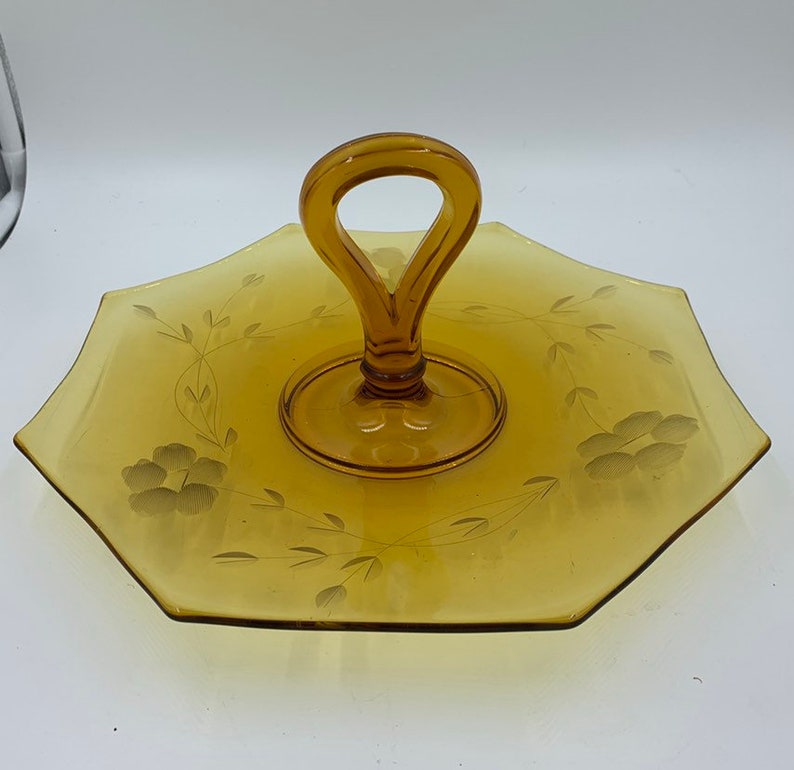 Elegant Depression Glass Tidbit Tray Amber Glass Etched Flowers Vintage image 1
