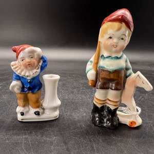 Occupied Japan Small Figurines Boy with Rocking Horse and Clown Vase image 1