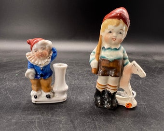 Occupied Japan Small Figurines Boy with Rocking Horse and Clown Vase