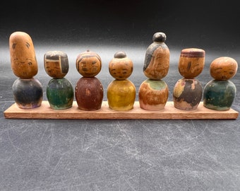 Kokeshi 7 Gods of Happiness Display, Antique Articulated Heads Miniatures Good Fortune Nehon Rare Unique Kokeshi Dolls