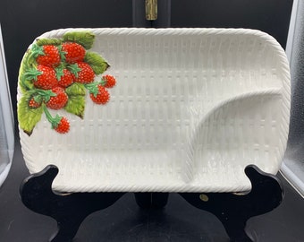 Wild Berries on White Lattice Background Spring Time Divided Ceramic Serving Tray Chip and Dip Snack Platter