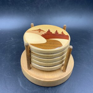 Wood Inlay Coasters With Caddy Marquetry Drink Beverage 3.5 Set of 6 ...