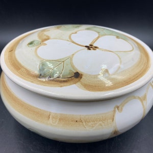 Oregon Pottery Covered Casserole  Hand Painted Dogwood Blossom Bean Pot Signed FREE SHIPPING