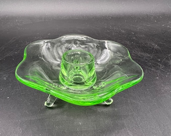 Green Depression Glass Uranium Glass 3 Footed Taper Candle Holder, Glows, Fostoria?