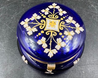 Moser Cobalt Blue Enameled Glass Trinket Pill Snuff Box Bohemian Antique FREE SHIPPING