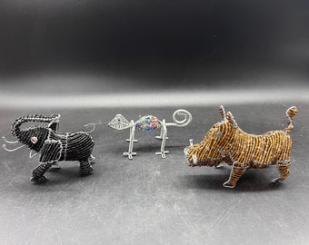 Beaded Wire Animal Figures: Warthog, Elephant, Chameleon Set