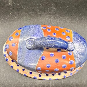LKW Art Pottery Boho Butter Dish Studio Pottery Royal Blue Rust Glazes Textured Aboriginal Vibe image 6