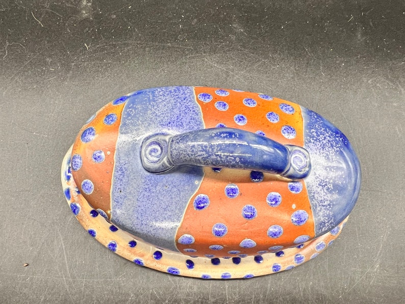 LKW Art Pottery Boho Butter Dish Studio Pottery Royal Blue Rust Glazes Textured Aboriginal Vibe image 6