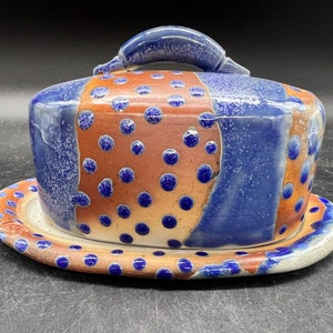 LKW Art Pottery Boho Butter Dish Studio Pottery Royal Blue Rust Glazes Textured Aboriginal Vibe image 1
