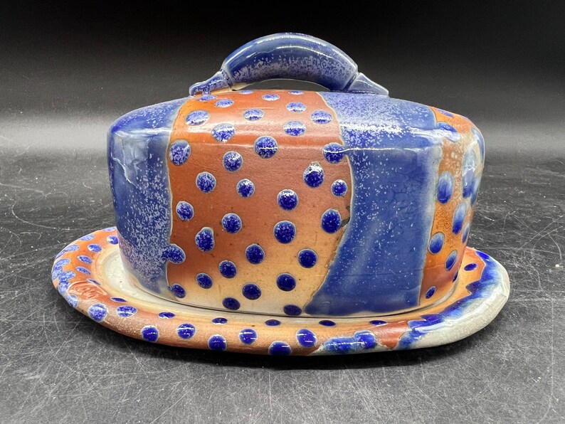 LKW Art Pottery Boho Butter Dish Studio Pottery Royal Blue Rust Glazes Textured Aboriginal Vibe image 1