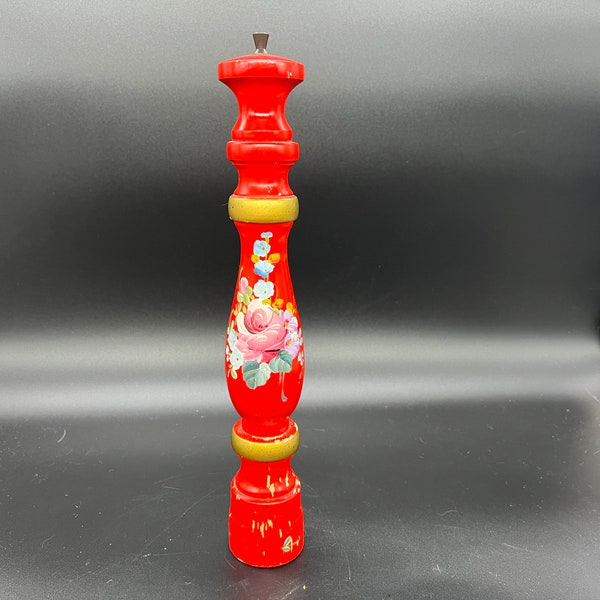 Tole Painted Tall Pepper Grinder Red with Flowers 16” Peppermill Vintage