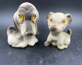 Roselane Pottery Sparkler Dogs Hound Dog and Puppy Friend Pair Bisque Jeweled Eyes Rhinestones Vintage California Pottery Free Shipping