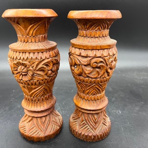 Large Carved Wooden Boho Bud Vase Candle Holders Pair Polynesian Tiki image 3